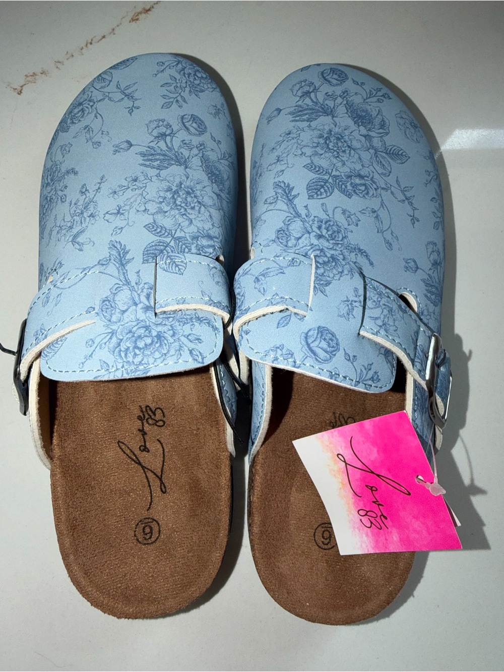 lola Light Blue Floral Buckle Clogs